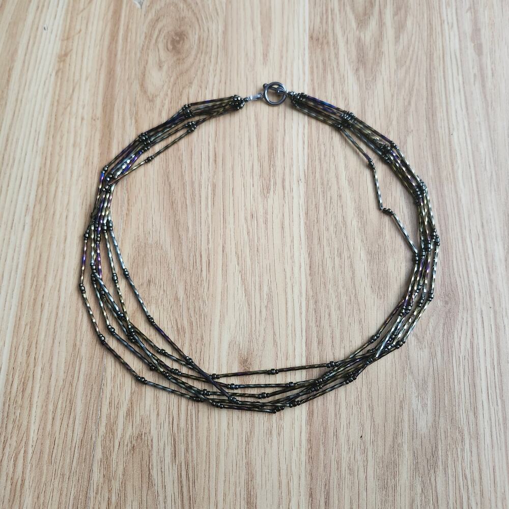 Black Iridescent Multistrand Bugle Bead Necklace 6 Strand Toggle Clasp Boho 27in